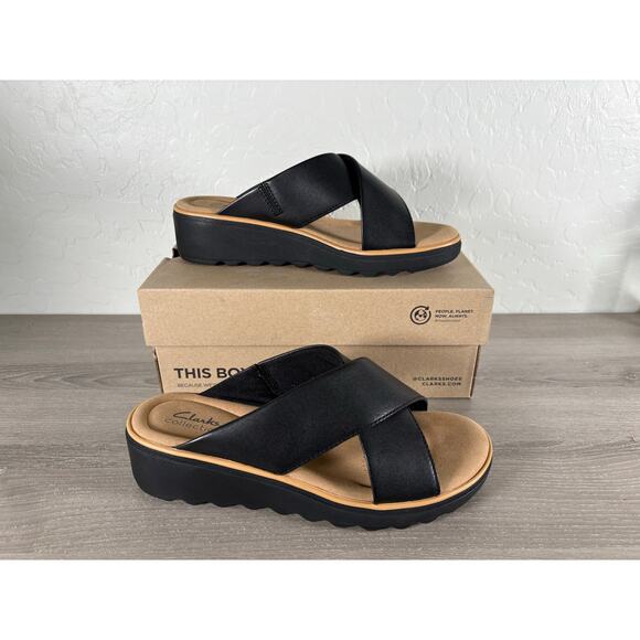 Clarks Collection Jillian Gem Black Leather Slip on Sandal Women's Size 8 Wide - Picture 1 of 8